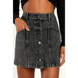 Lulus Real Babe Black High Waisted Button-up Denim Mini Skirt - Size XL
